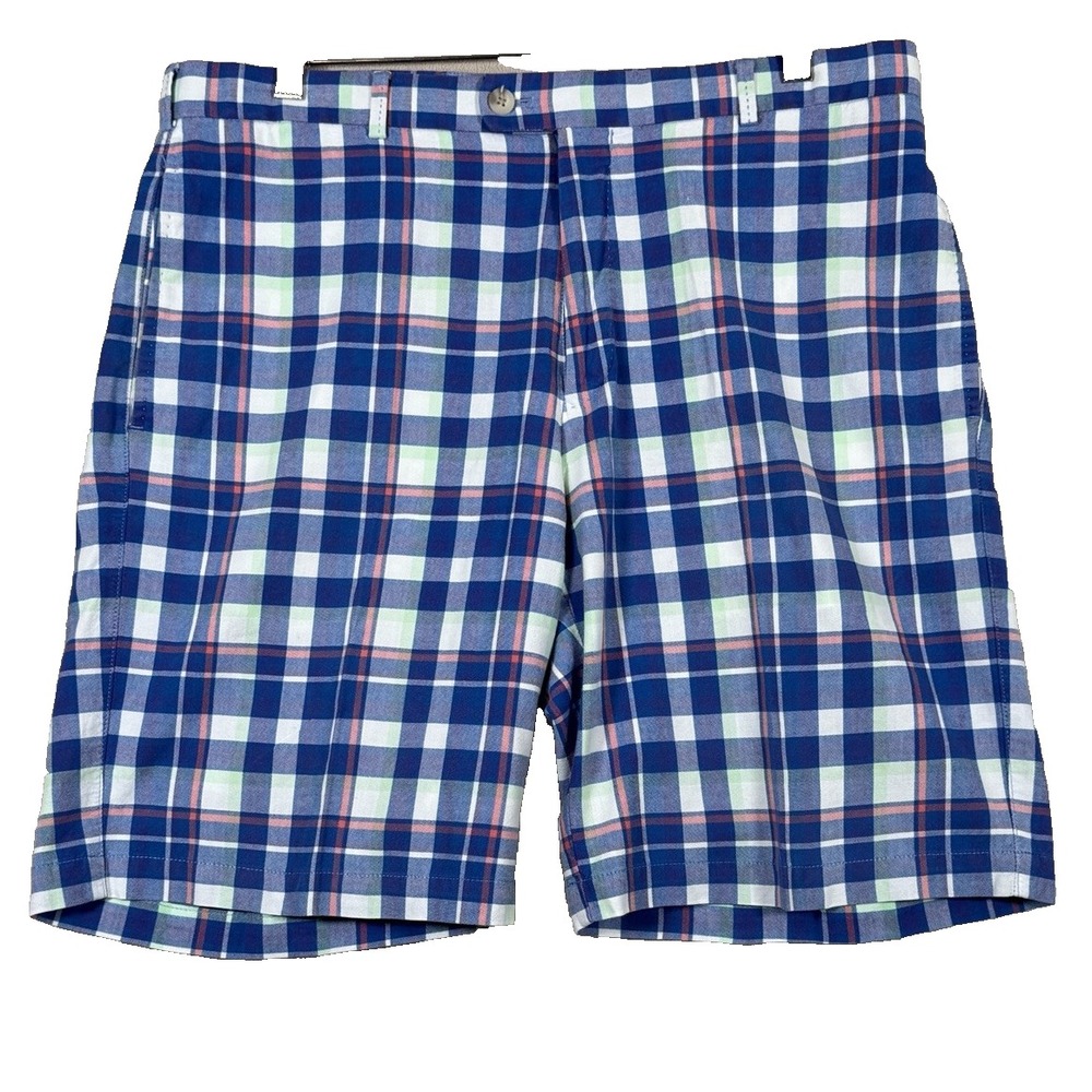 Peter Millar Shorts Mens 35 Plaid Blue White Green Orange Cotton Golf PreppyEUC